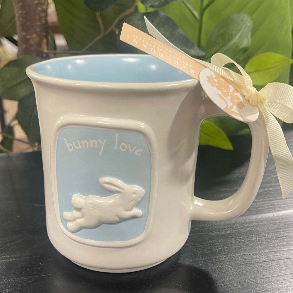 RAE DUNN Easter Spring Blue Bunny Love Dimensional Ceramic Coffee Mug Rabbit NWT